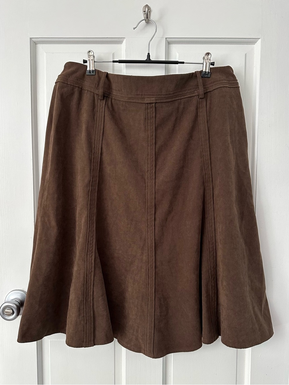 Vintage Larry Levine Brown A-Line Seamed Panel Skirt Faux Suede Size 14